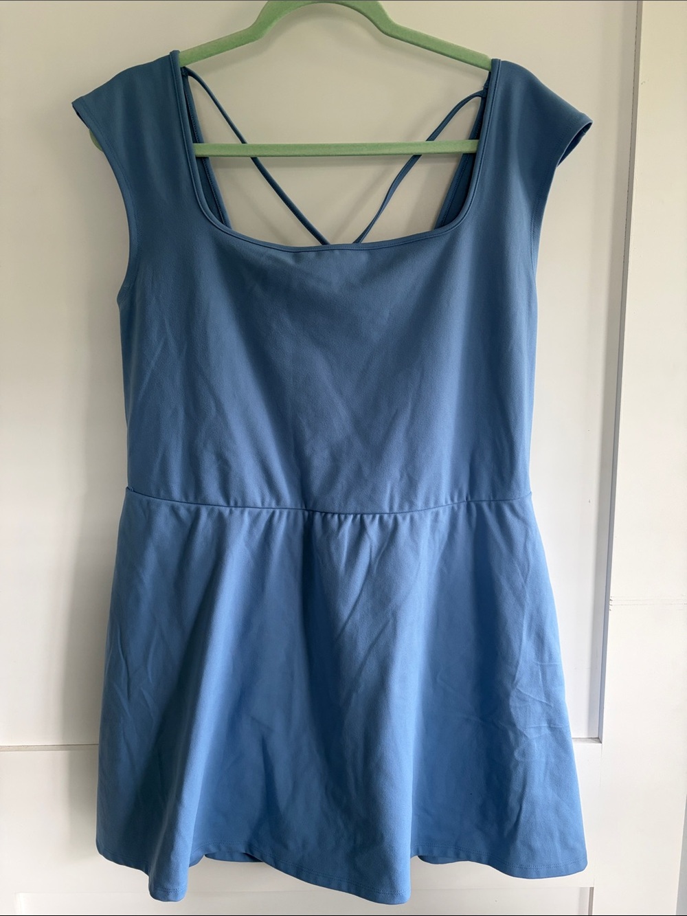 Women’s Blue Scoop Neck Romper Dress with Strappy Back